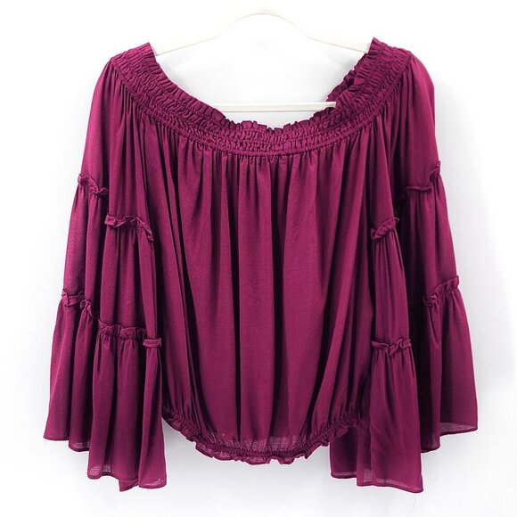 FREE PEOPLE Festival Free Spirit Top Off Shoulder Bell Flare Sleeve Magenta - Picture 3 of 6